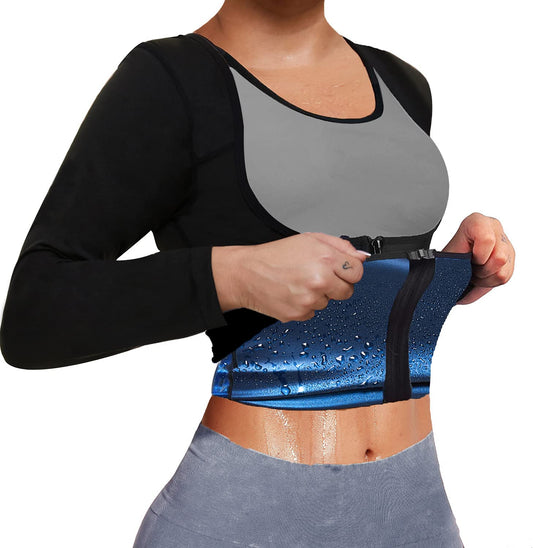 Sauna Suit for Women Sweat Body Shaper Jacket Hot Waist Trainer Long Sleeve Zipper Shirt Workout Top (Black Large)